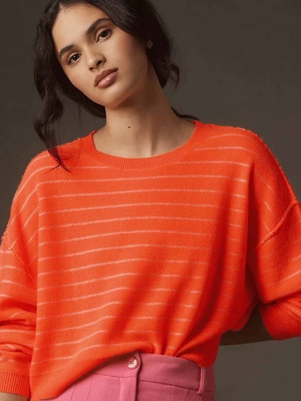 Pilcro Vibrant Orange Alani Cropped Cashmere Crewneck Sweater, Large
